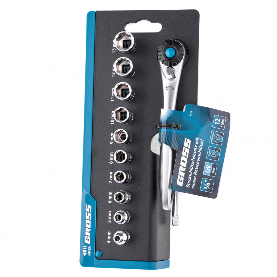 Набор торцевых головок, трещотка 120 зубьев, 12 предметов, 1/4", CrV Gross (14141)
