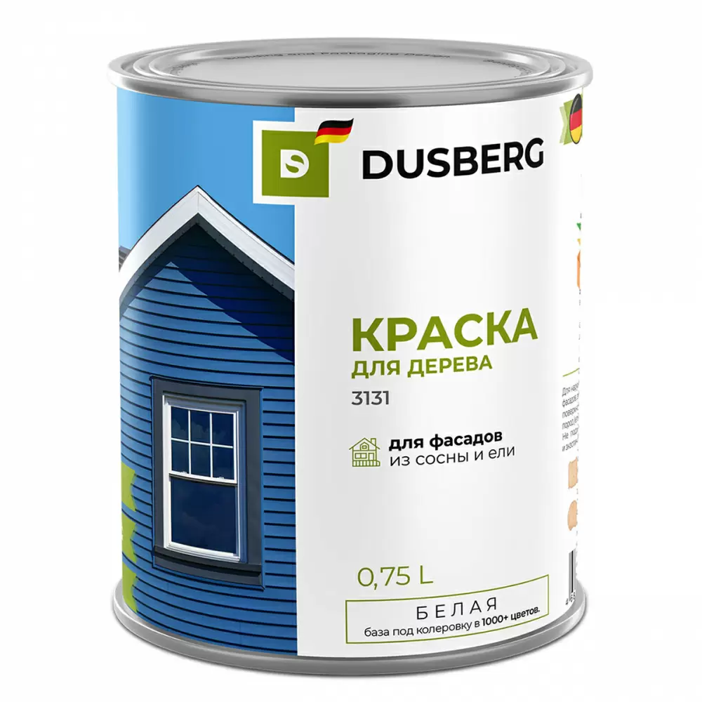 DUSBERG Краска для дерева для наружных работ с антисептиком, белая 3131 (0,75л)