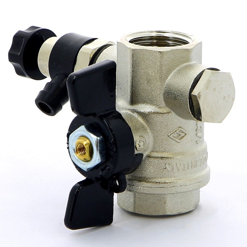 Кран шаровый BUGATTI OREGON 1" ВВ бабочка с заглушкой 1/4" и дренажным вентилем