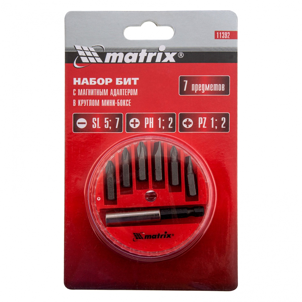 Набор бит, магнитный адаптер для бит, сталь 45Х, 7 предметов, пластиковый кейс Matrix (11392)