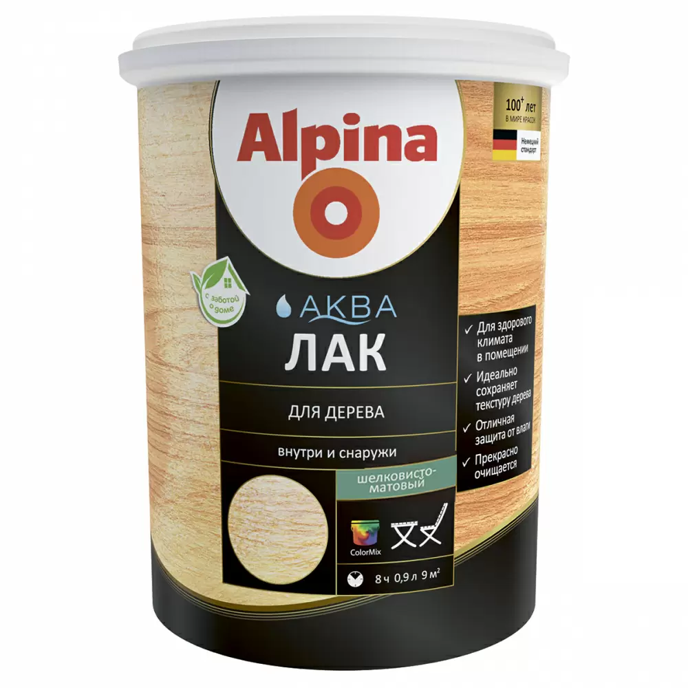 ALPINA AQUA лак для дерева шелковисто-матовый, колеруемый (0,9л)