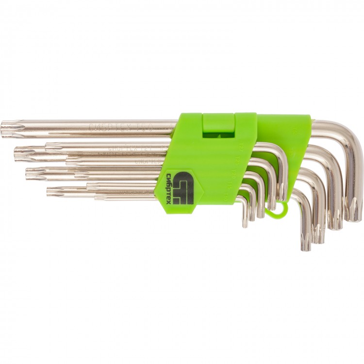 Набор ключей имбусовых Tamper-Torx , 9 шт: ТТ10-ТТ50.45x, закаленные, удлиненные, никель Сибртех (12322)