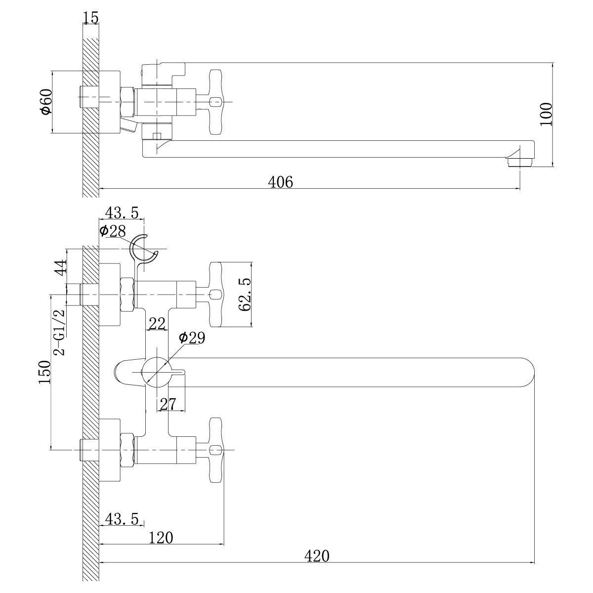 Смеситель для ванн  rs39-84  длинный плоский излив, двухвентильный (1/12) "rossinkа"