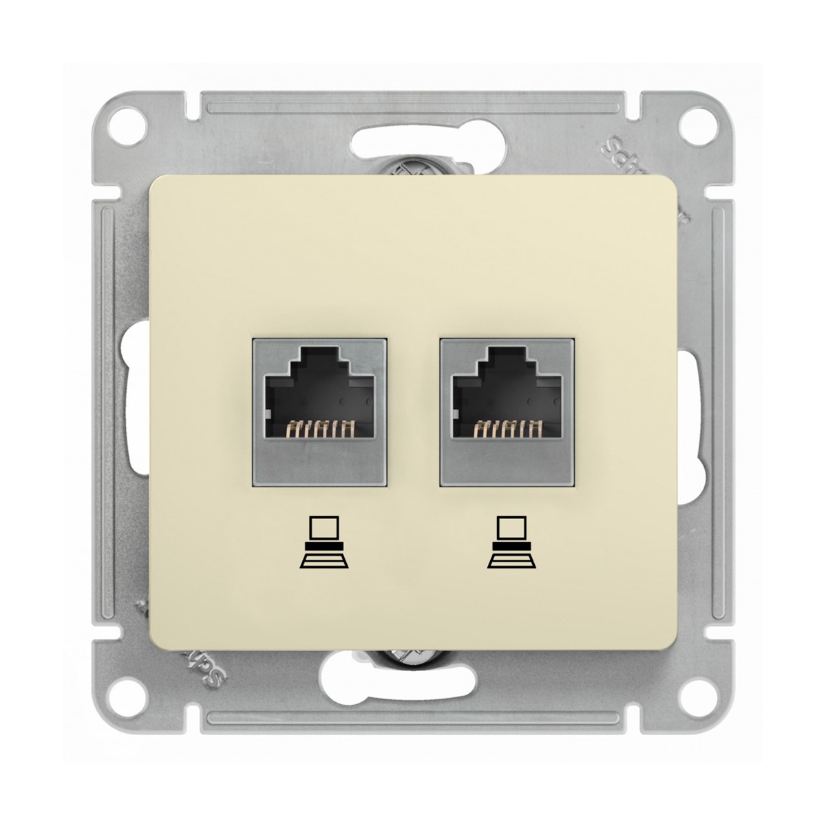 Розетка компьютерная "glossa" 2-х местн. rj45+rj45 (механизм) бежевый (1/10/160) "schneider"