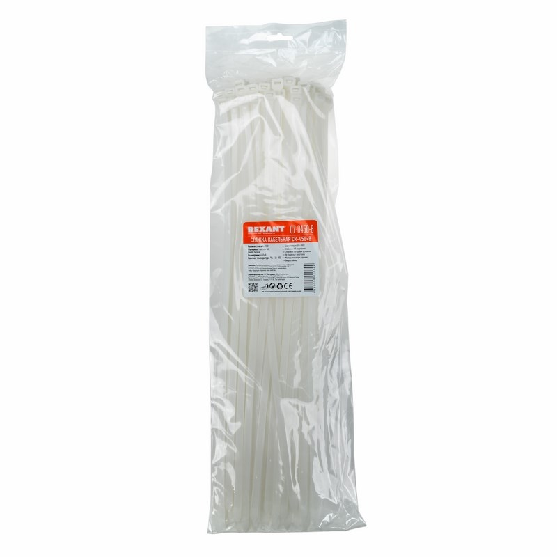 Хомуты нейлон 7,6 х 450 мм (набор 100 шт.), белые (1/5/25) "rexant" 07-0450-8