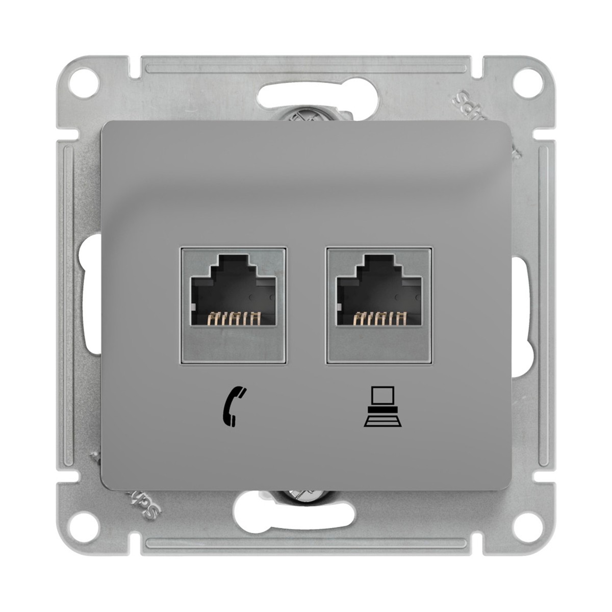 Розетка компьютерная и телеф. "glossa" 2-х местн. rj11+rj45 (механ.) алюминий (1/10/160) "schneider"