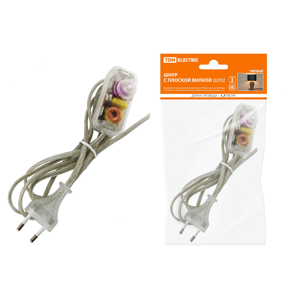 Шнур шввп 2 х 0,75 мм² 2 м, плоск. вилка, светорегулятор шу05с4, прозрачный (1/80) tdm sq1305-0054