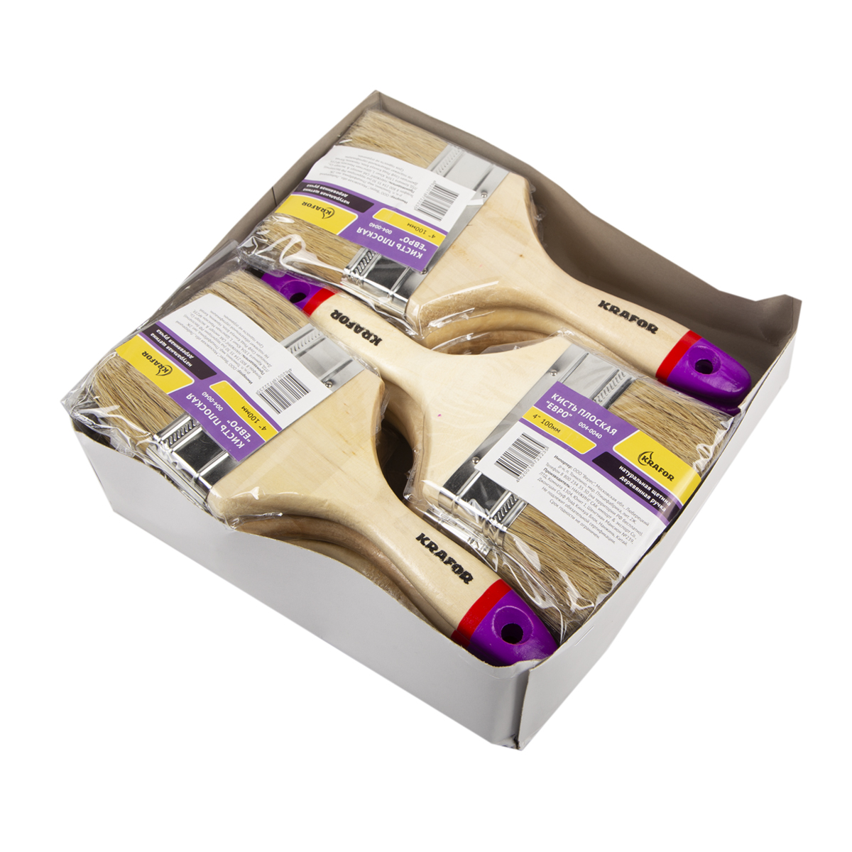 Кисть плоская "евро" №4 /100 мм  (12/180) натур.щетина, дерев.ручка "krafor" 004-0040