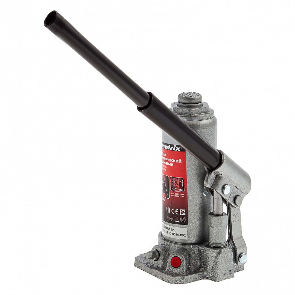 Домкрат гидравлический бутылочный, 3 т, высота подъема 194-372 мм, в пластиковый кейсе Matrix (50752)