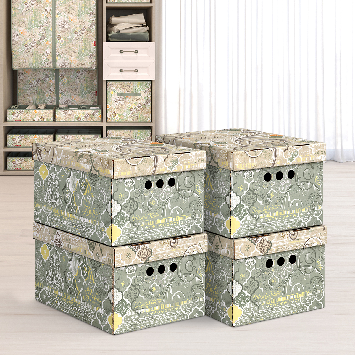 Короб для хранения "boho green" 25*33*18,5 см (набор 4 шт.) (1/11) "valiant" bh-bctn-gr-4s