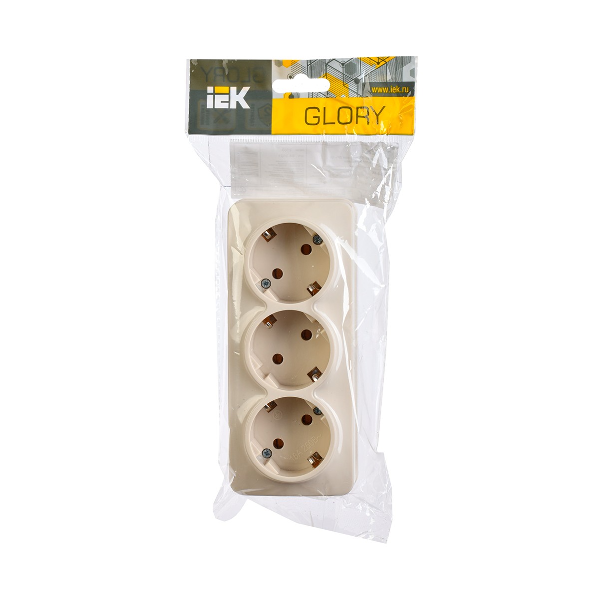 Розетка открыт. уст. "glory" 3-х местн. с заземл. рс23-3-хк, 16а, кремовый (1/18/216) "iek"