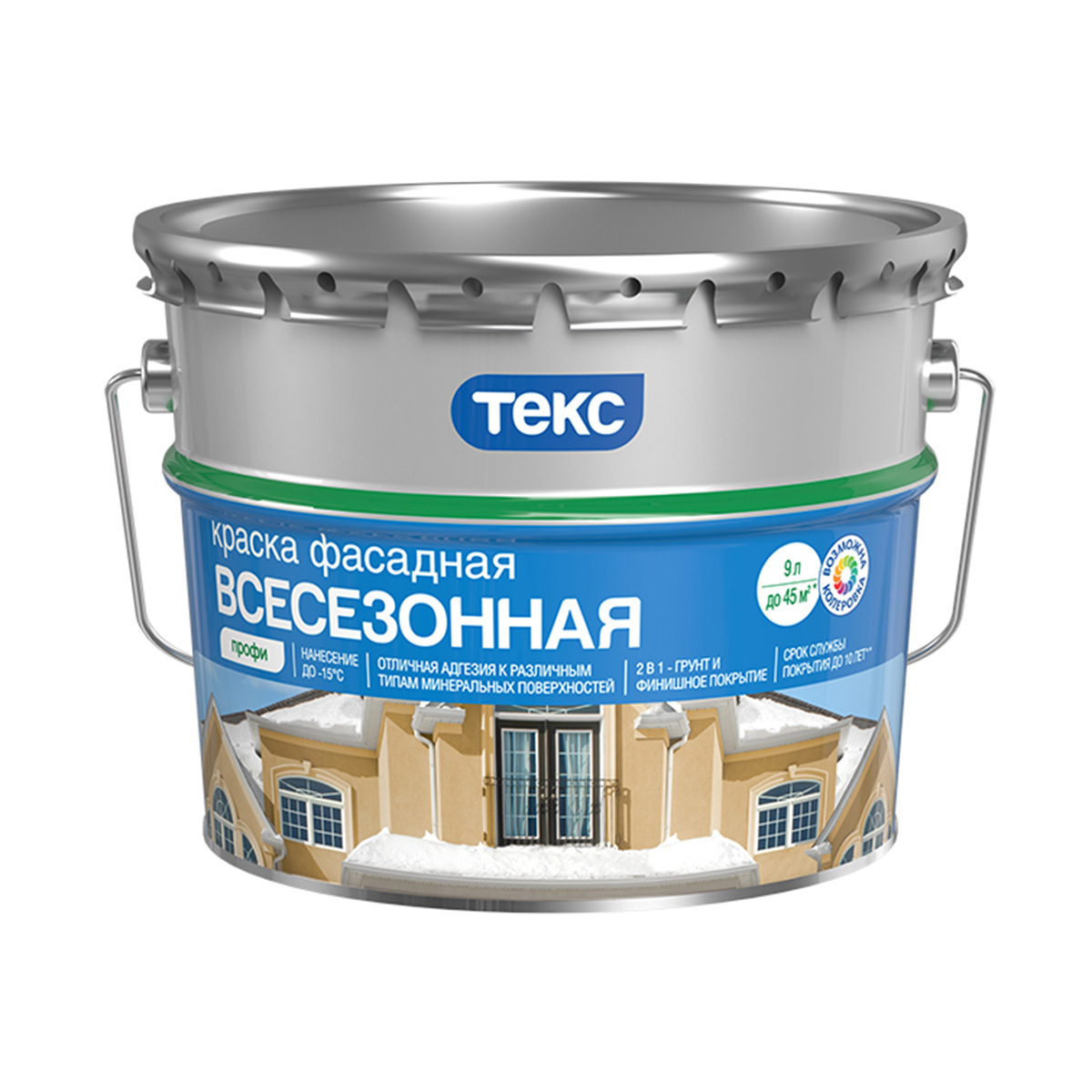 Краска в/д "профи" фасадная всесезонная база d  9 л (1) текс