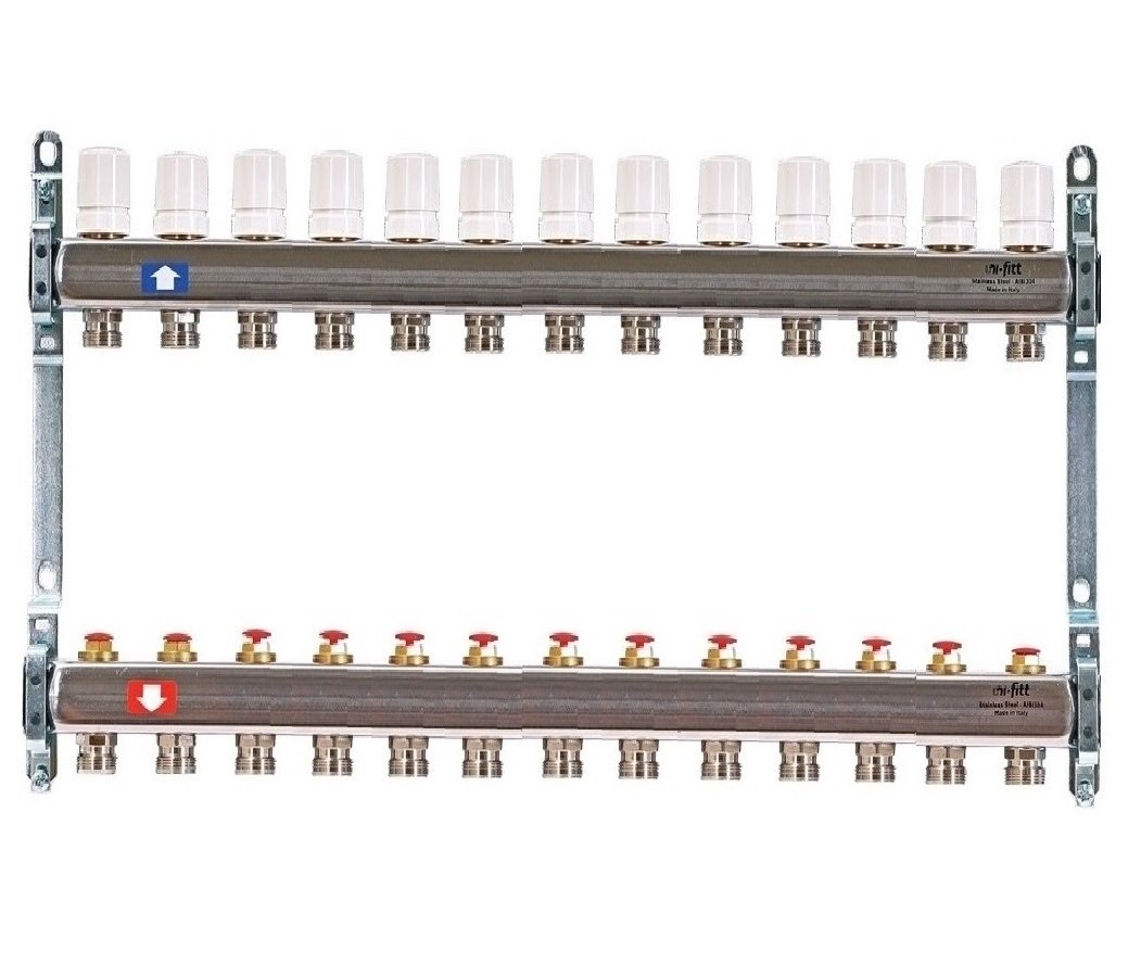 Колл. группа на 13 выходов UNI-FITT 1"x3/4" ЕК с рег. и термостатическими вентилями - нерж. сталь