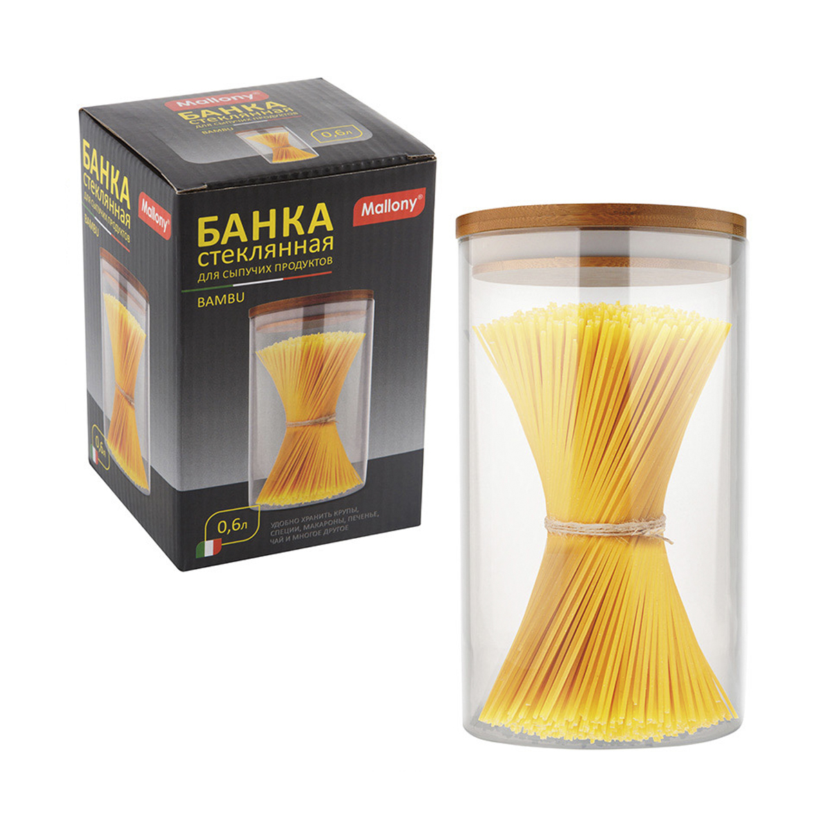 Банка для сыпучих продуктов "bambu" 0,6 л стекло, крышка бамбук (1/24) "mallony"