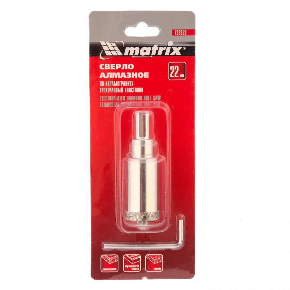 Сверло алмазное по керамограниту, 22 х 67 мм, трехгранный хвостовик Matrix (726223)