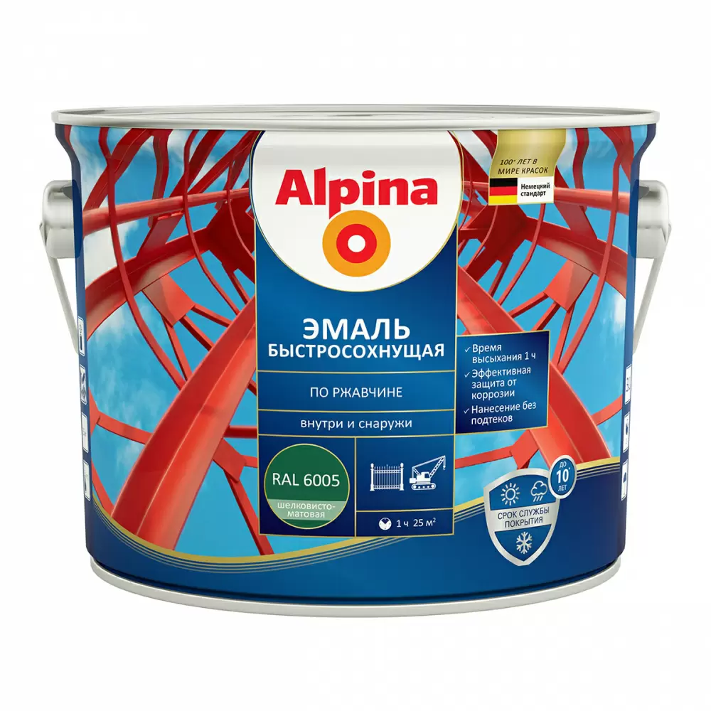 ALPINA эмаль быстросохнущая по ржавчине RAL 6005 зеленый шелк-матовый (2,5л)