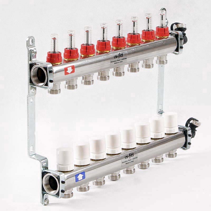 Коллекторная группа на 8 выходов UNI-FITT 1'х3/4" ЕК из нержавейки с расходомерами и воздухоотводчик