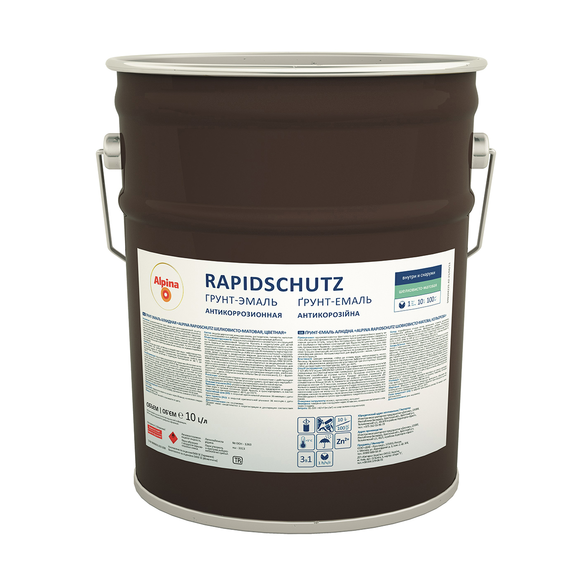 Грунт- эмаль антикоррозионная "rapidshutz sm" шоколадный (ral 8017) 10 л (1) "alpina"