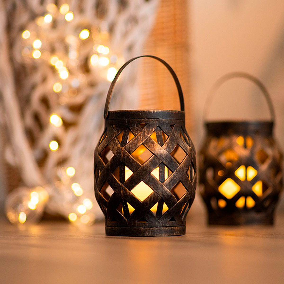 Фонарь декор. со свечой плетеный 14*14*16,5 см, бронза, теплый белый свет (1/6) "neon-night" 513-055