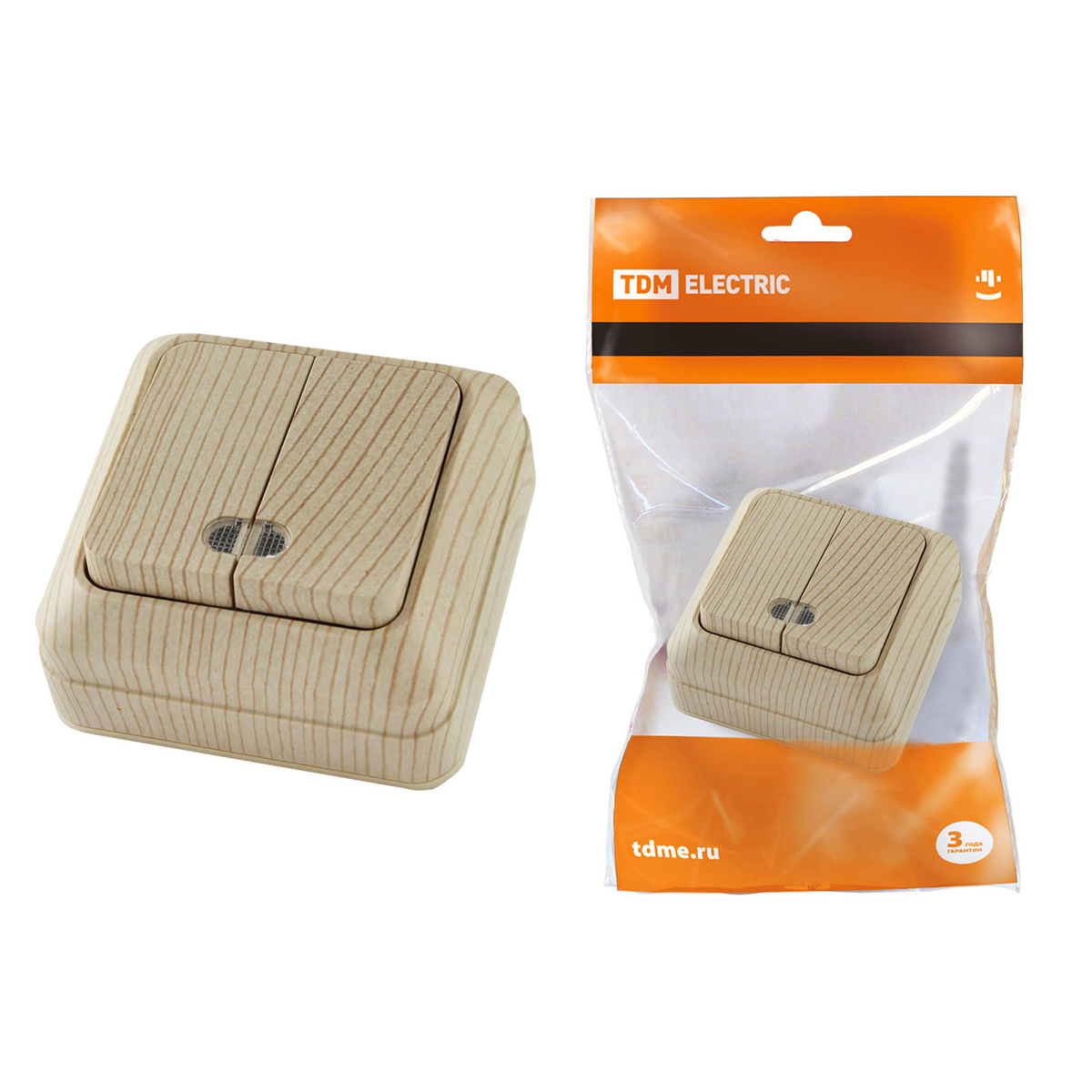 Выключатель 2-х кл. открыт. уст. с подсветкой ip20 10а "ладога" сосна (1/10/200) tdm sq1801-0046