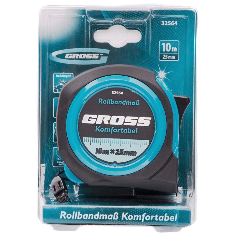 Рулетка Komfortabel 10 м х 25 мм, обрезиненный корпус Gross (32564)