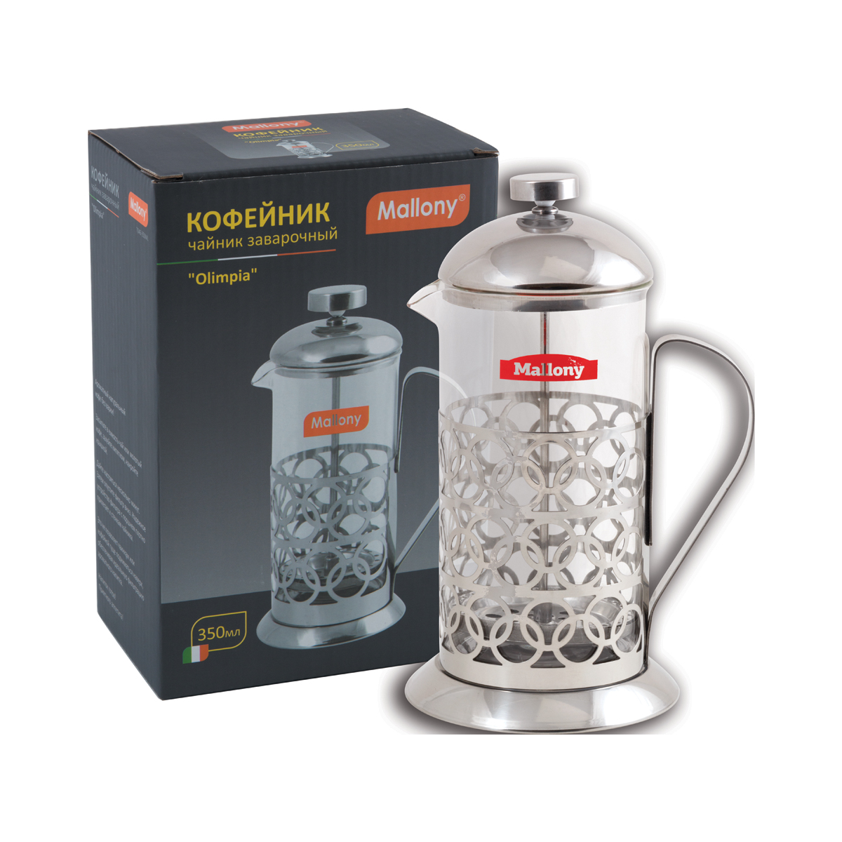 Чайник-кофейник с прессом "olimpia" стекло 350 мл (1/12) "mallony"  t046-350ml