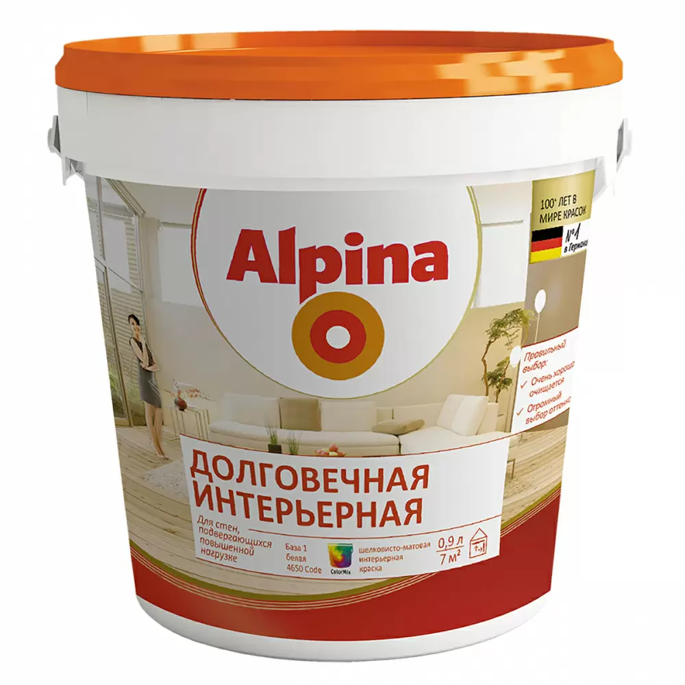 ALPINA ДОЛГОВЕЧНАЯ ИНТЕРЬЕРНАЯ (PL7) краска устойчивая к мытью, п/мат, База-1 (0,9л)