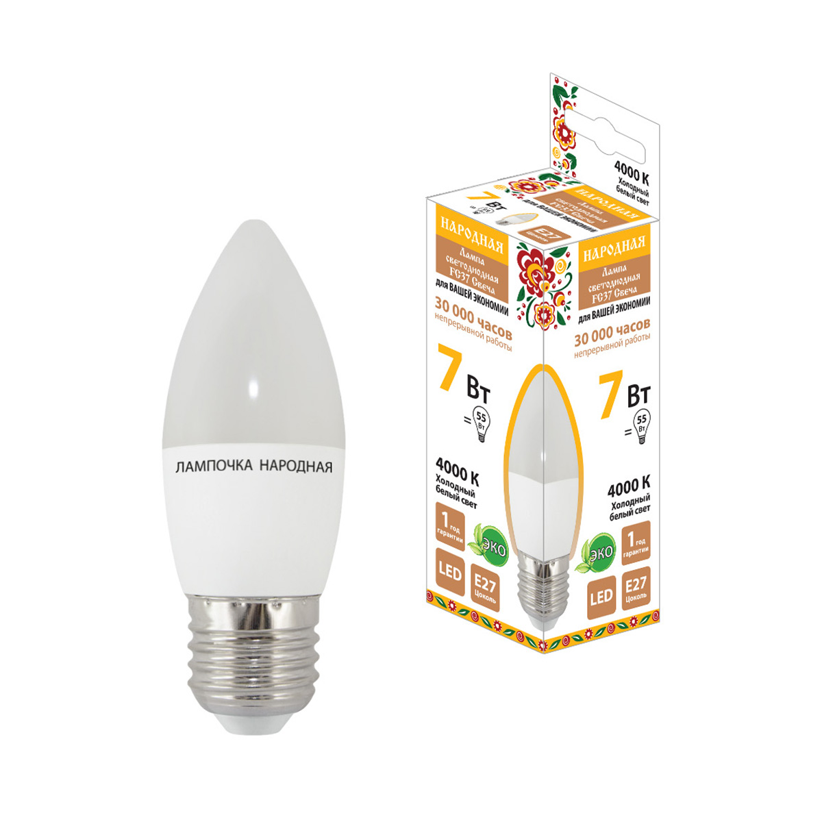 Лампа светодиодная fс37 свеча 7w 4000 к  e27, холодн. свет (10/100) народная sq0340-1543