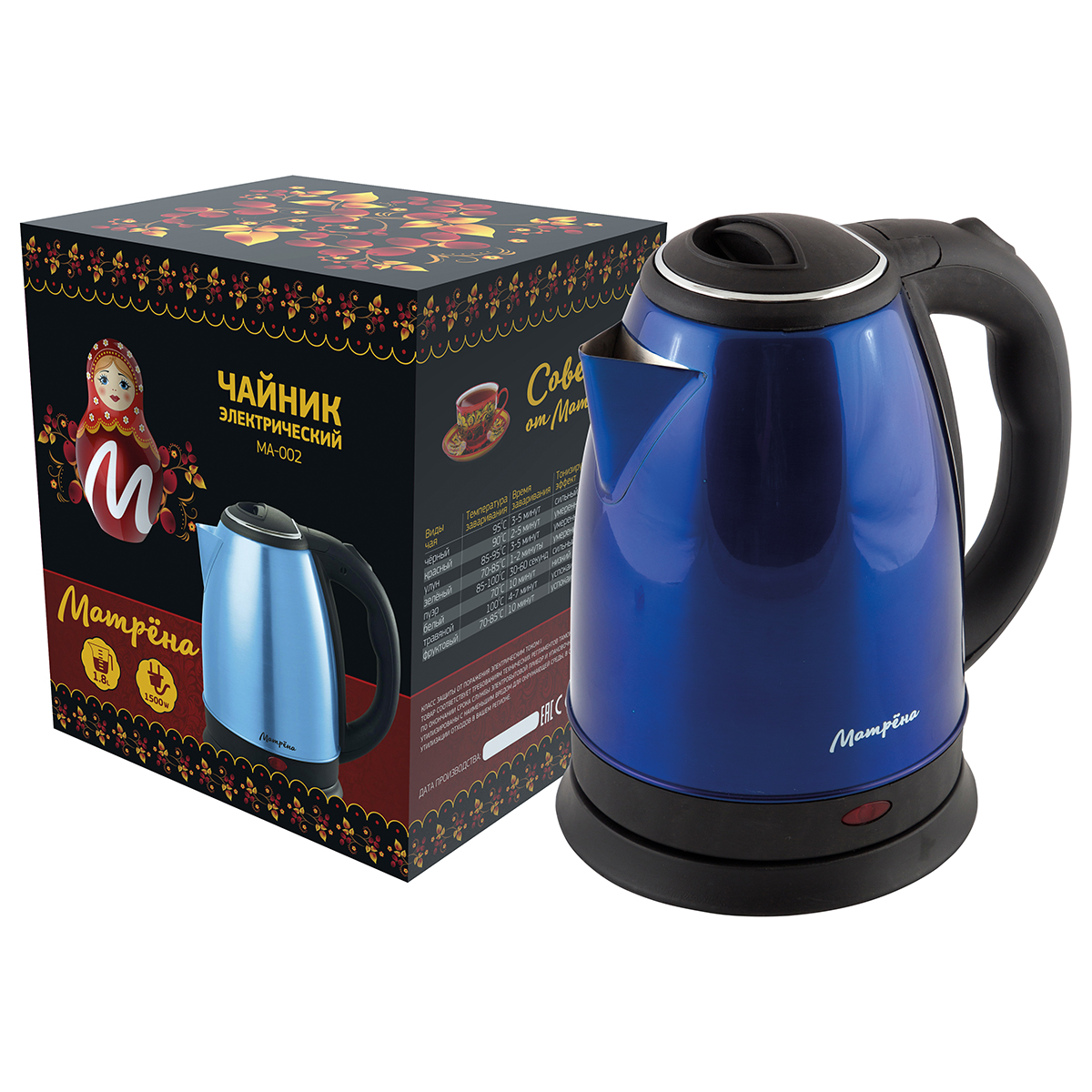 Чайник электр. "матрёна" ma-002 1,8 л (1/12) сталь (голубой)