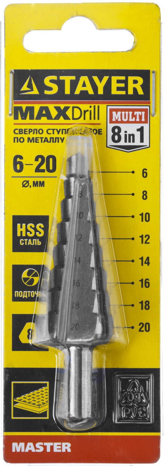 STAYER 6-20 мм, 8 ступеней, сталь HSS, ступенчатое сверло (29660-6-20-8)