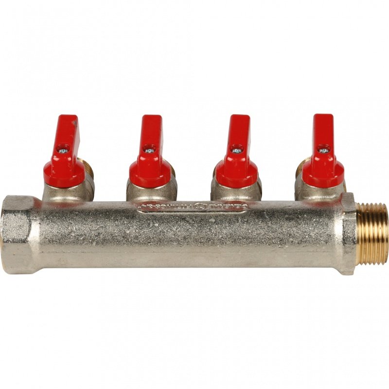 Коллектор с шаровыми кранами 3/4" STOUT 4 выхода 1/2", красные ручки