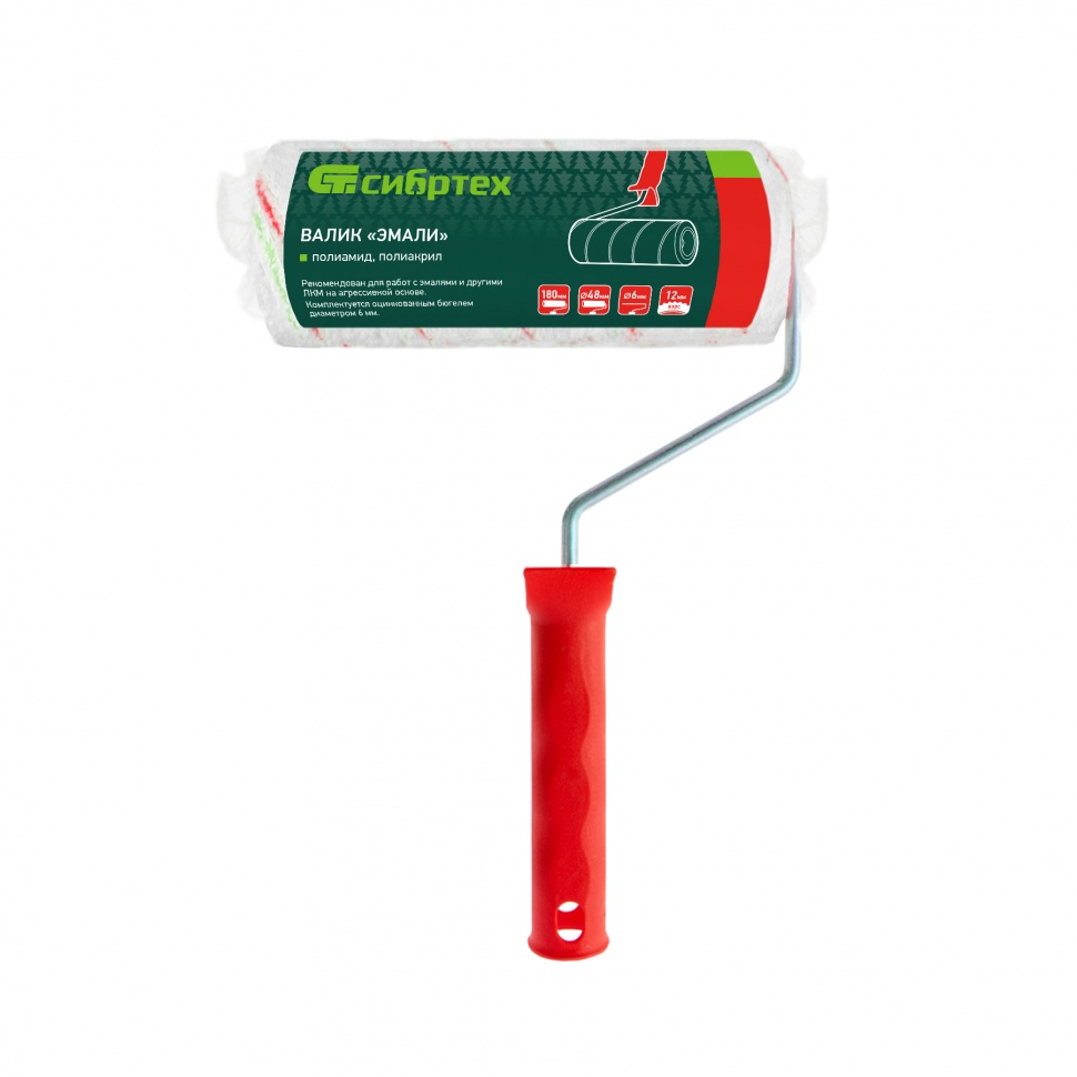 Валик "Эмали" , 180 мм, ворс 12 мм, D - 48 мм, D ручки - 6 мм, полиамид, полиакрил Сибртех (80196)