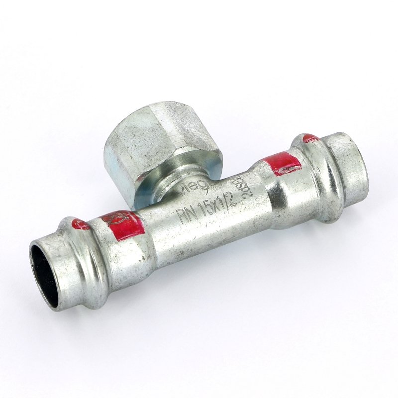 Тройник пресс-В 15x1/2"x15 оцинкованная сталь Prestabo VIEGA