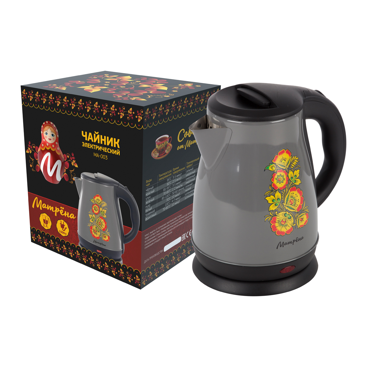 Чайник электр. "матрёна" ma-003 1,7 л (1/12) сталь (серый, хохлома)