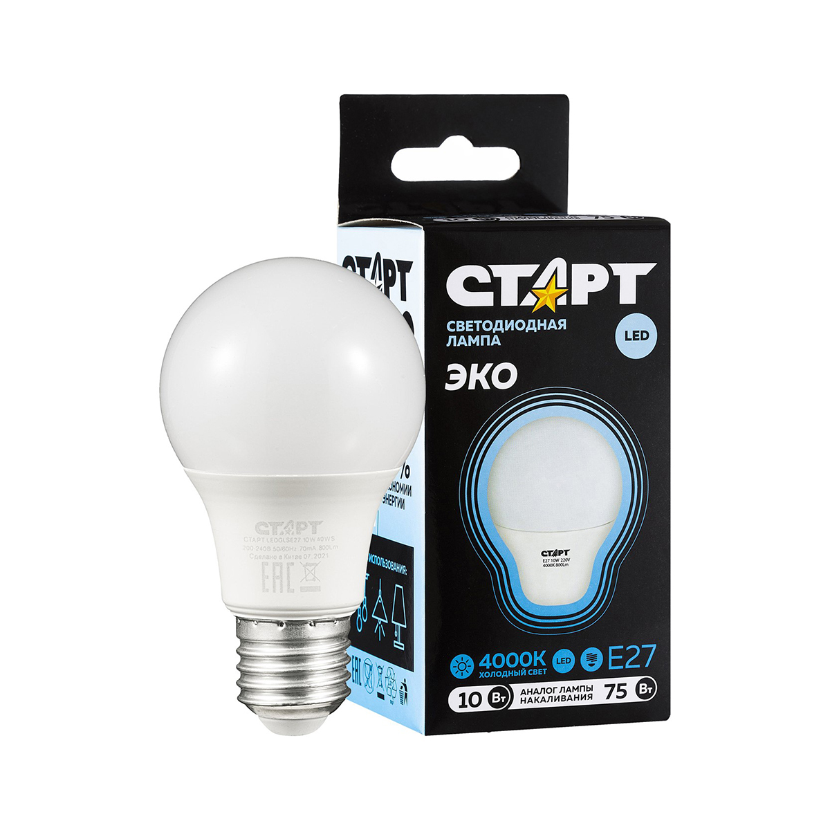 Лампа светодиодная "старт эко" груша 10w 4000 к  e27, хол. свет (10/100)