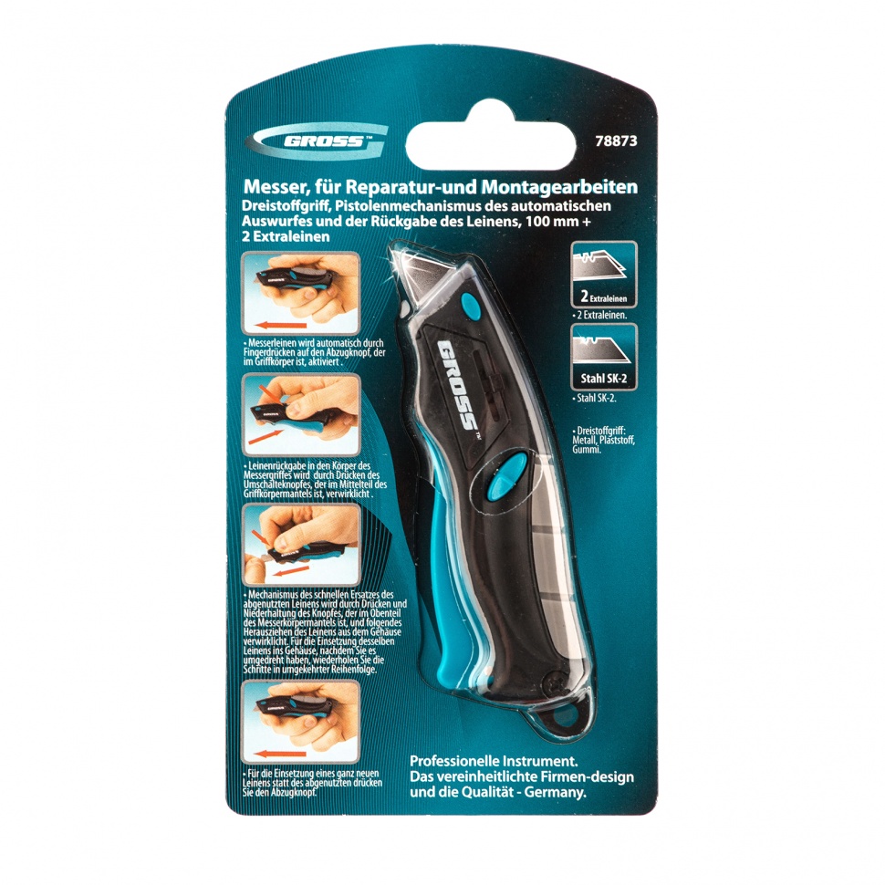 Нож ремонтно-монтажный мини, трехкомпонентная рукоятка, авто выброс, возврат лезвия, 100 мм, 2 запасных лезвия Gross (78873)