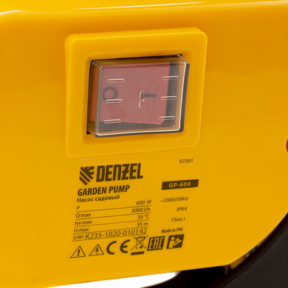 Садовый поверхностный насос GP 600, 600 Вт, 3000 л/ч, подъем 35 м, пластик Denzel (97201)
