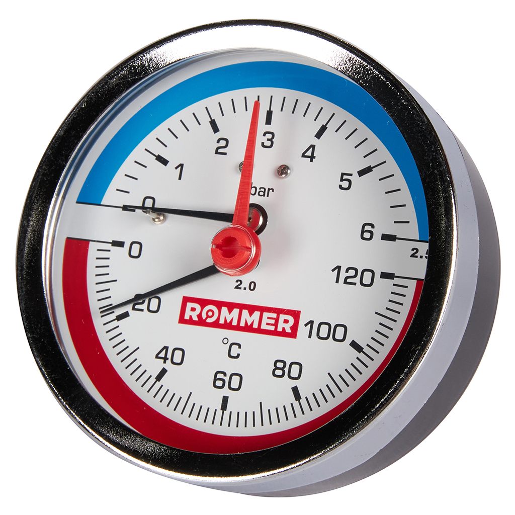 Термоманометр аксиальный D = 80, подкл. 1/2", до 6 бар, с автомат. запорным клапаном, ROMMER