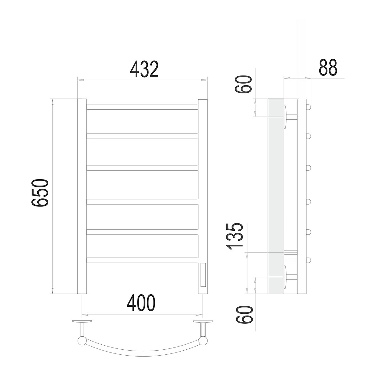 Полотенцесушитель электрич. "классик" п6 400*650 (хром) "terminus"