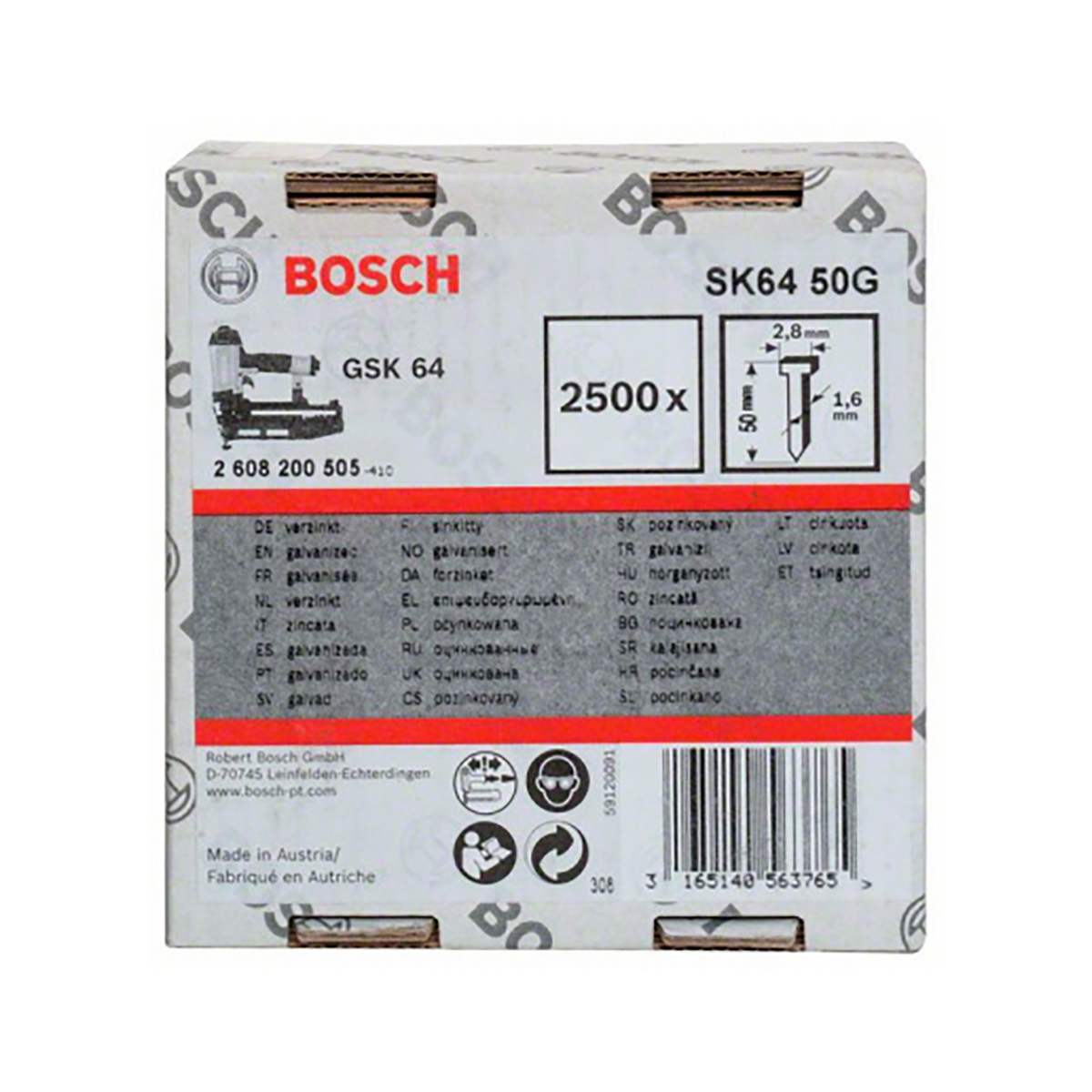 Штифты для гвоздезабивателя (мод. gsk 64) 50 х 2,8 х 1,45 мм  2500 шт. (1) "bosch" 2608200505