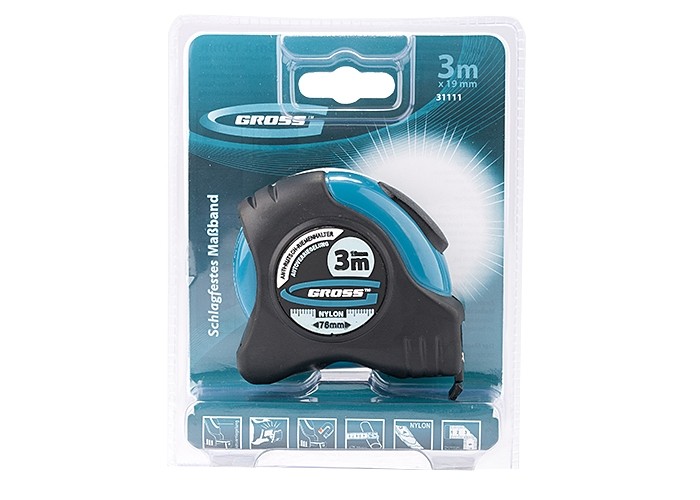 Рулетка "Schlagfest", 3 м x 19 мм, магнитный обрезиненный зацеп, двусторонняя шкала, Нейлоновое покрытие, автоматическая фиксация Gross (31111)