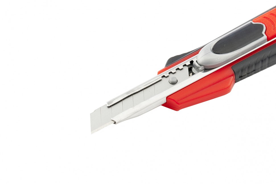 Нож, 9 мм, выдвижное лезвие "Quick blade" металлическая направляющая, двойная фиксация, эргономичная двухкомпонентная рукоятка Matrix (78934)