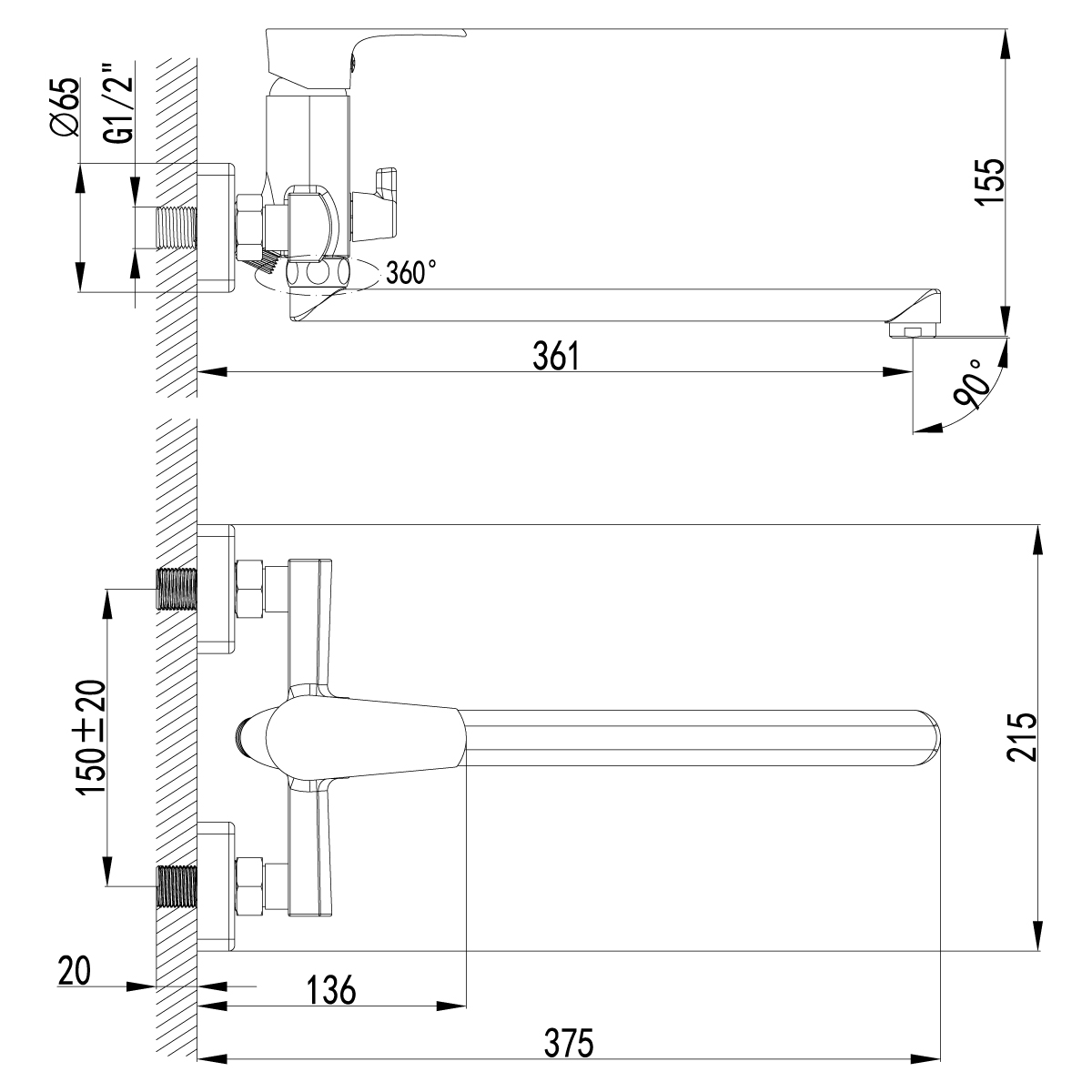 Смеситель для ванн "plus factor"  lm1651c  длинный плоский излив (1/8) "lemark"