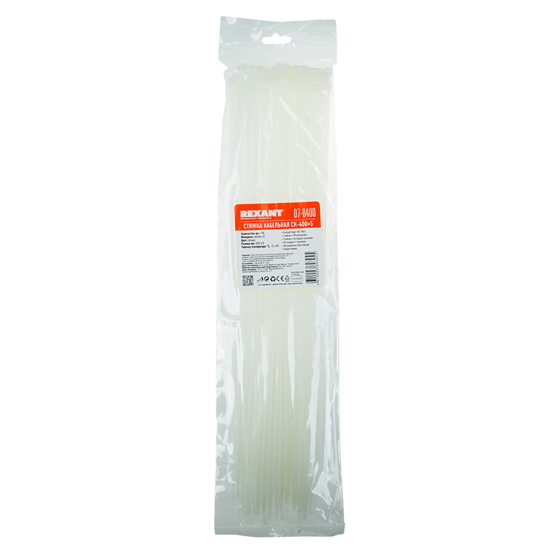Хомуты нейлон 4,8 х 400 мм (набор 100 шт.), белые (1/10/50) "rexant" 07-0400