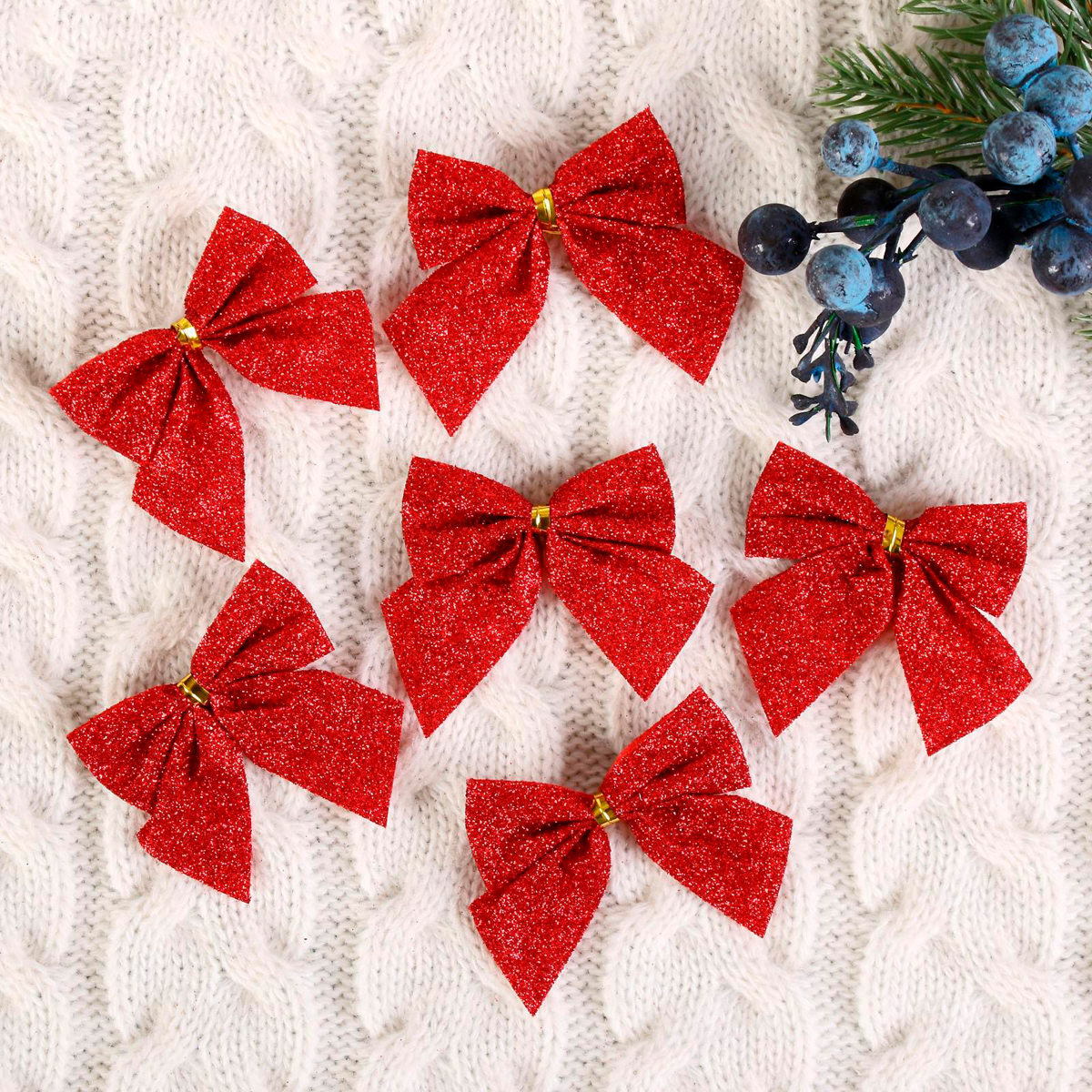 Украшение новогоднее "бантик - блеск" (набор 12 шт.) 4,5*5,5 см, красный "зимнее волшебство" 1113624