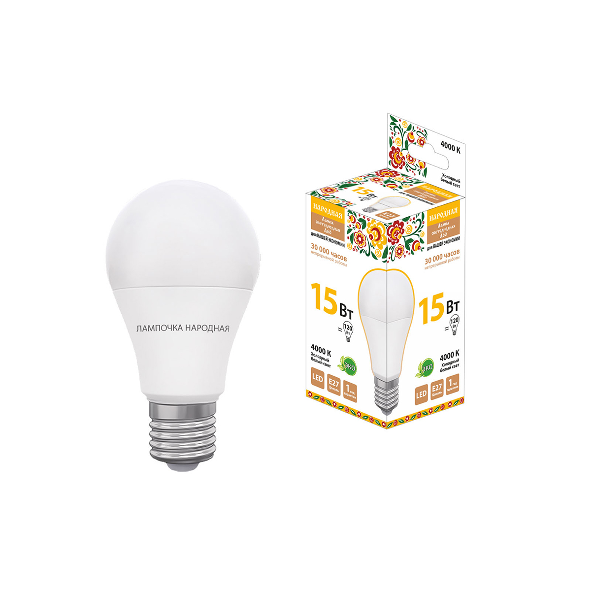 Лампа светодиодная a60 груша 15w 4000 к е27 холодн. свет (10/100) народная sq0340-1515