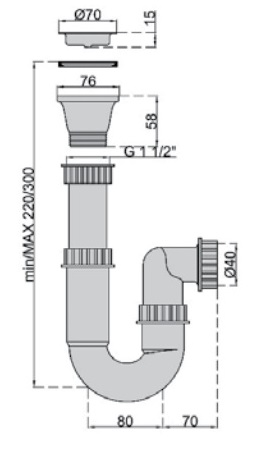 Сифон "U" для мойки с конусной нерж. решеткой 1"1/2х40мм D=70мм M0466 MIANO