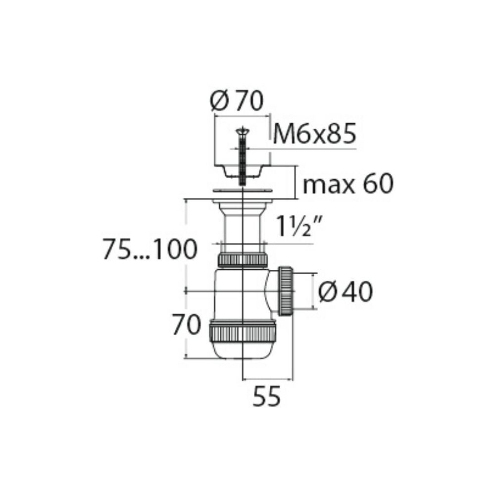 Сифон Мини Элит 1 1/2 х 40 мм с литым выпуском, нерж. чашка D70 мм WIRQUIN