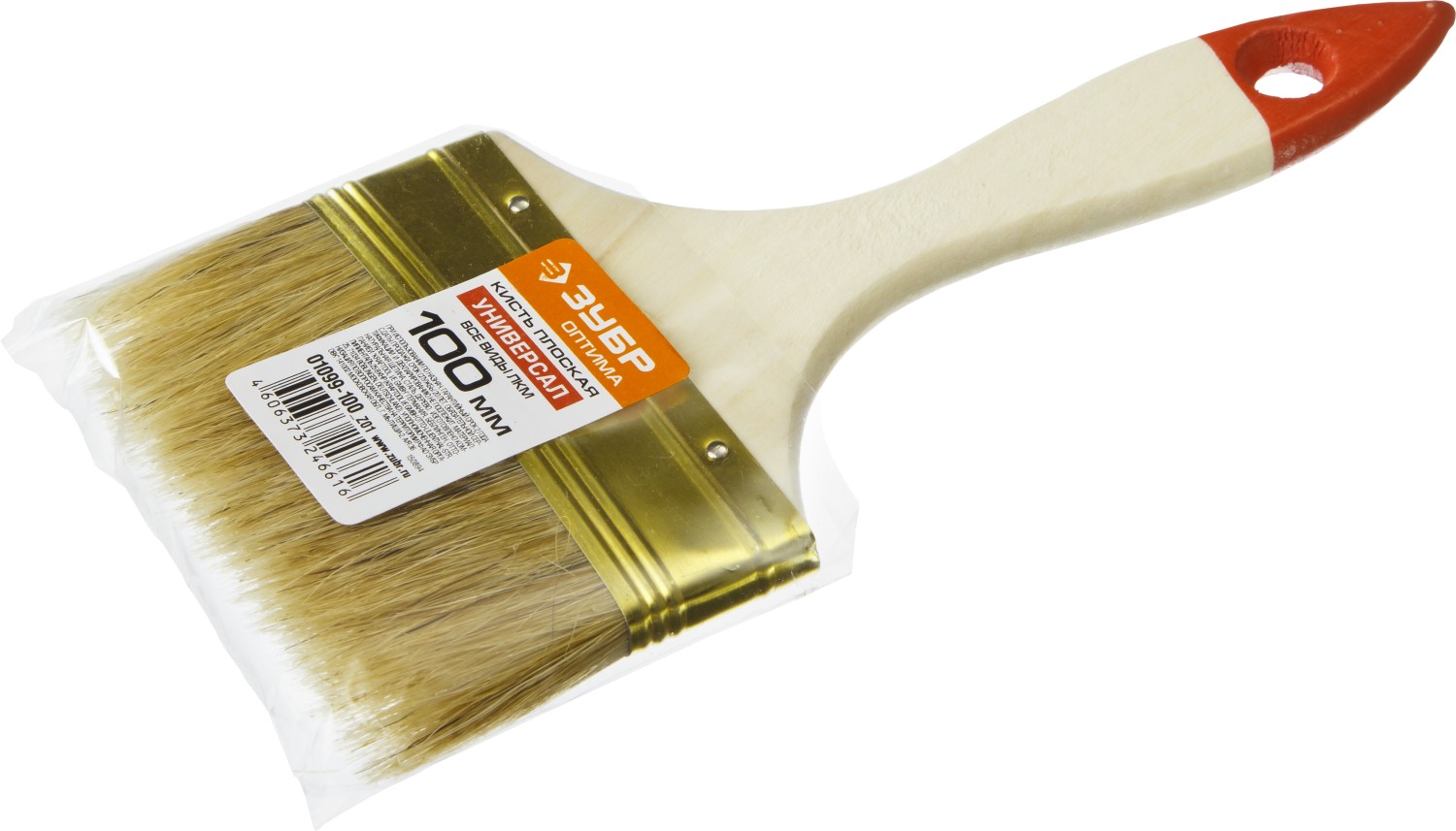 ЗУБР УНИВЕРСАЛ, 100 мм, 4″, светлая натуральная щетина, деревянная ручка, плоская кисть (01099-100)