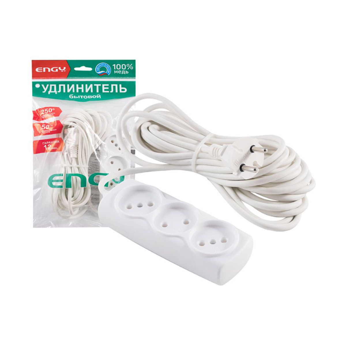 Удлинитель "engy премиум"  7 м, 3 розетки (пвс 2 х 0,75) белый (1/30)